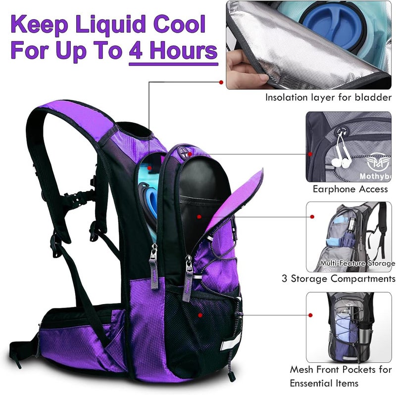 Mothybot Insulated Hydration Backpack Pack with 3L BPA Free Leak Proof Water Bladder, Large Storage Lightweight Hiking Daypack with Waist Pouches & Cooler Layer, for Running, Biking, Camping, Festival - Image 3